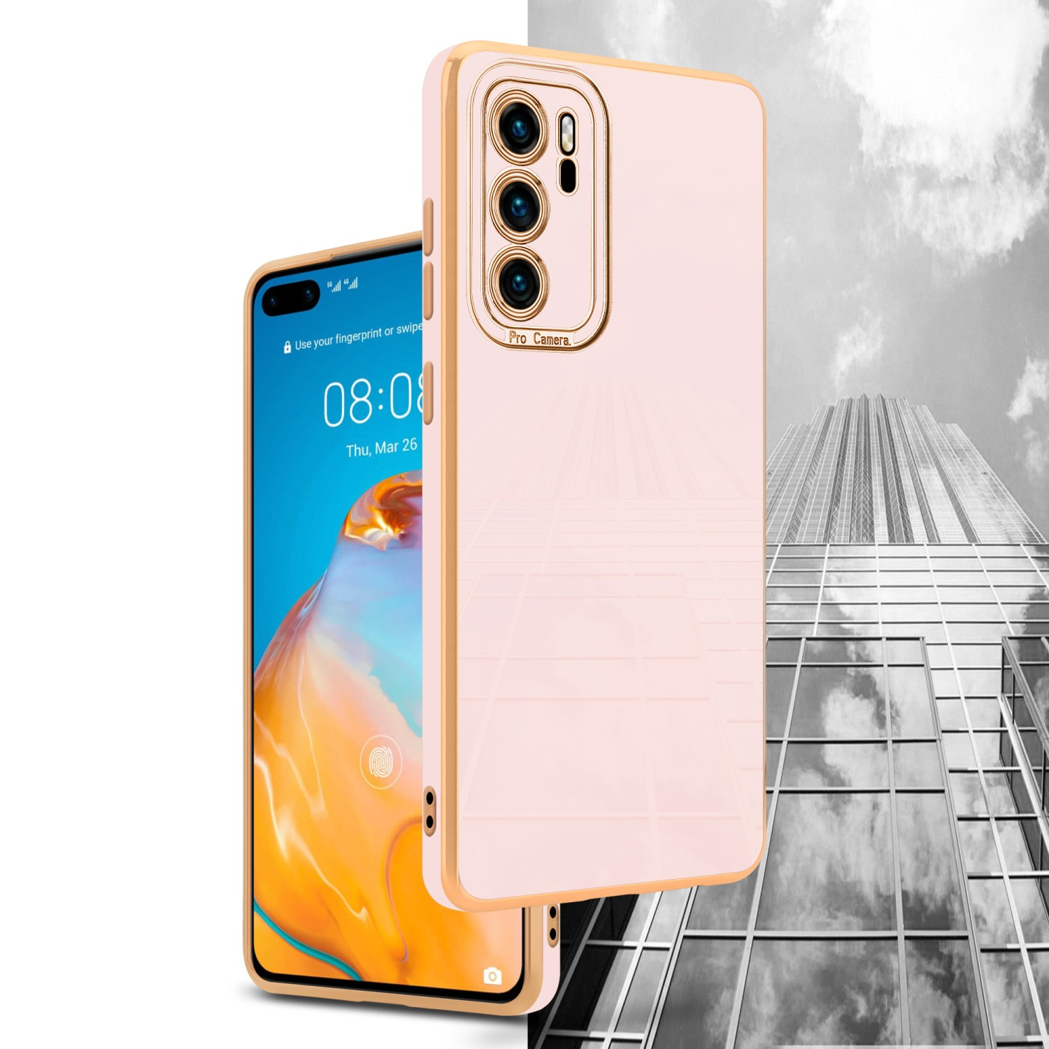 Rosafarbene Handyhülle mit Goldrahmen und Telefon. Wolkenkratzer im Hintergrund, Uhrzeit.