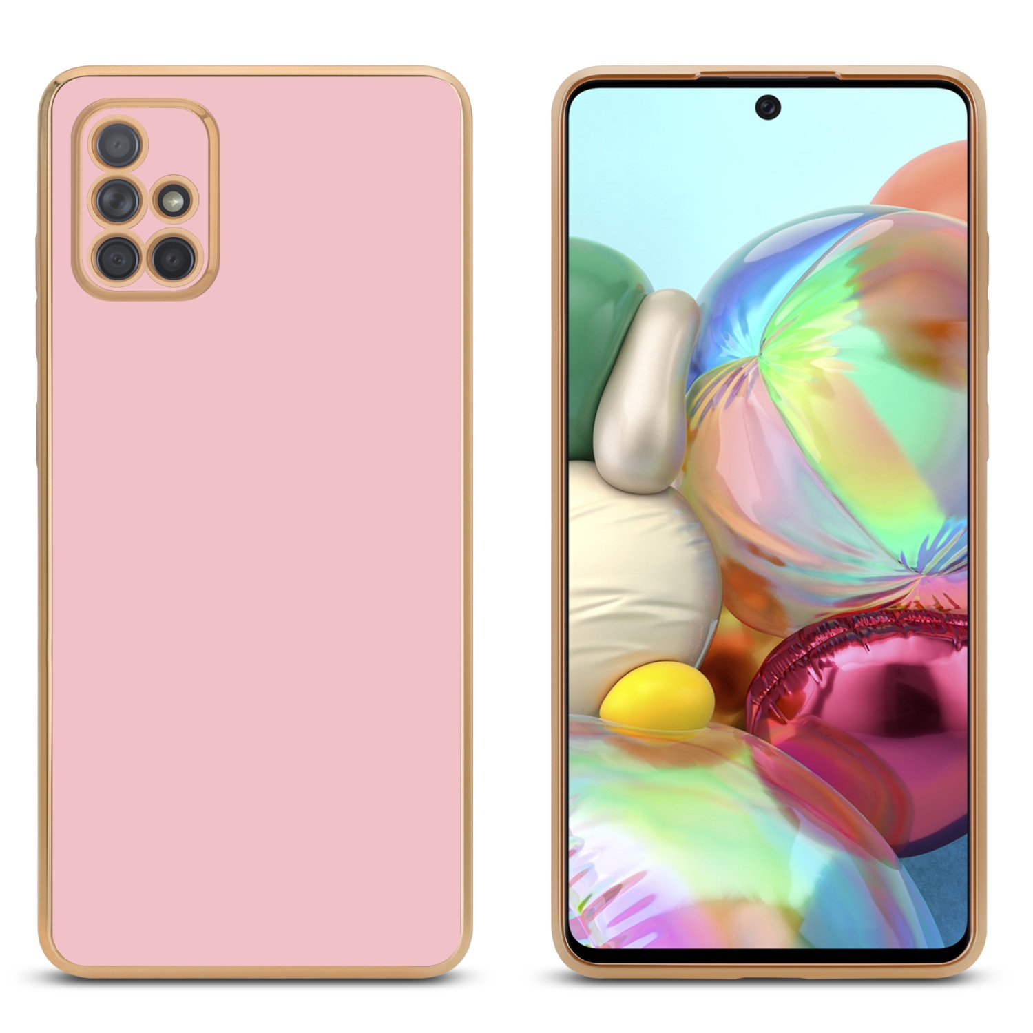 Rosa Handyhülle und Telefon. Goldener Rahmen. Bunte Tapete. Weißer Hintergrund.