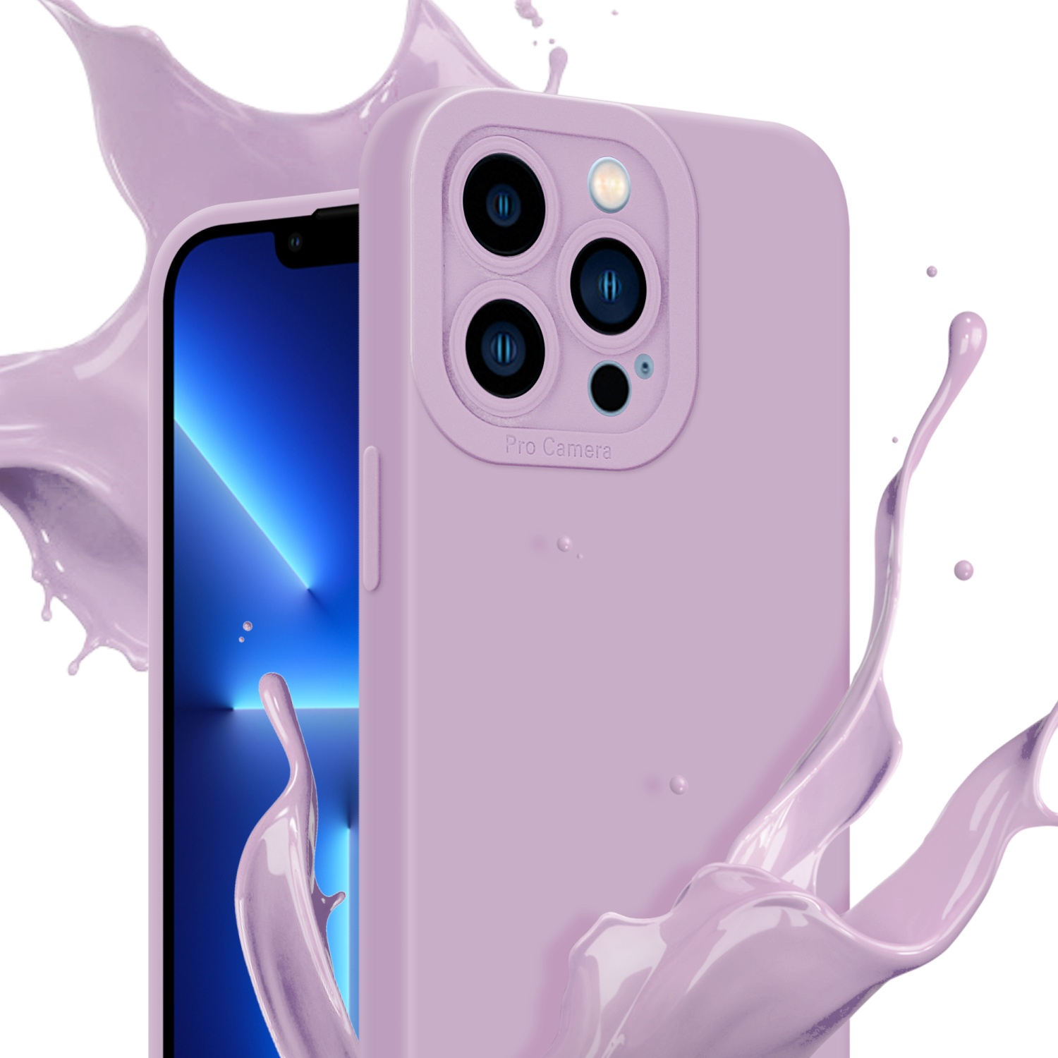 Una custodia lavanda con uno schizzo di liquido in primo piano.