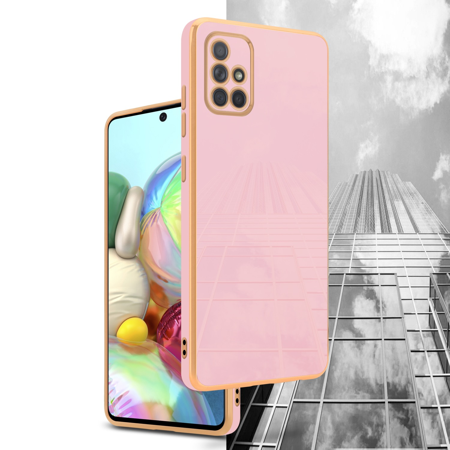Eine rosa Handyhülle mit goldenem Rahmen. Das Telefon ist teilweise sichtbar, mit Wolkenkratzer-Hintergrund.