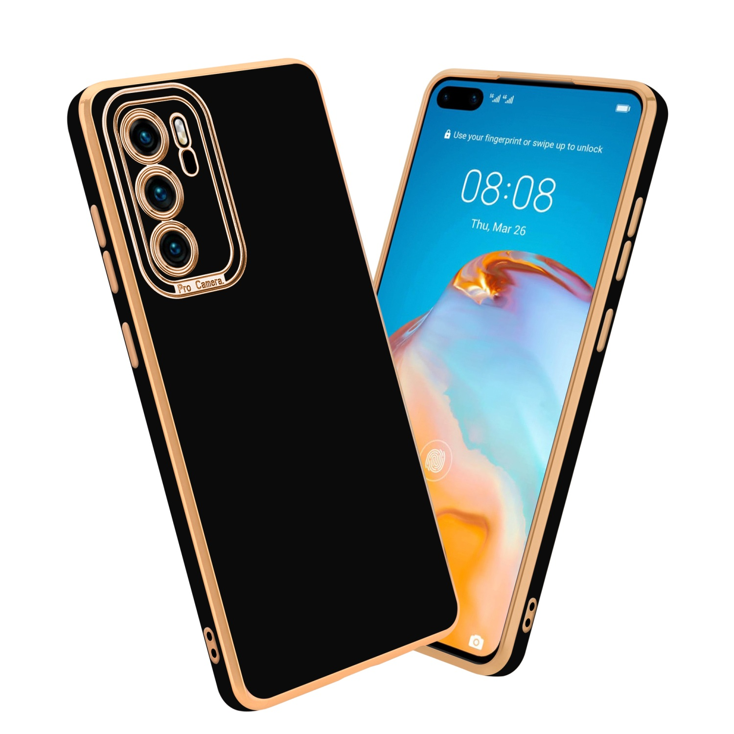 Schwarze und goldene Handyhülle mit einem Telefon, das die Uhrzeit anzeigt. Die Hülle hat einen Kameraausschnitt.