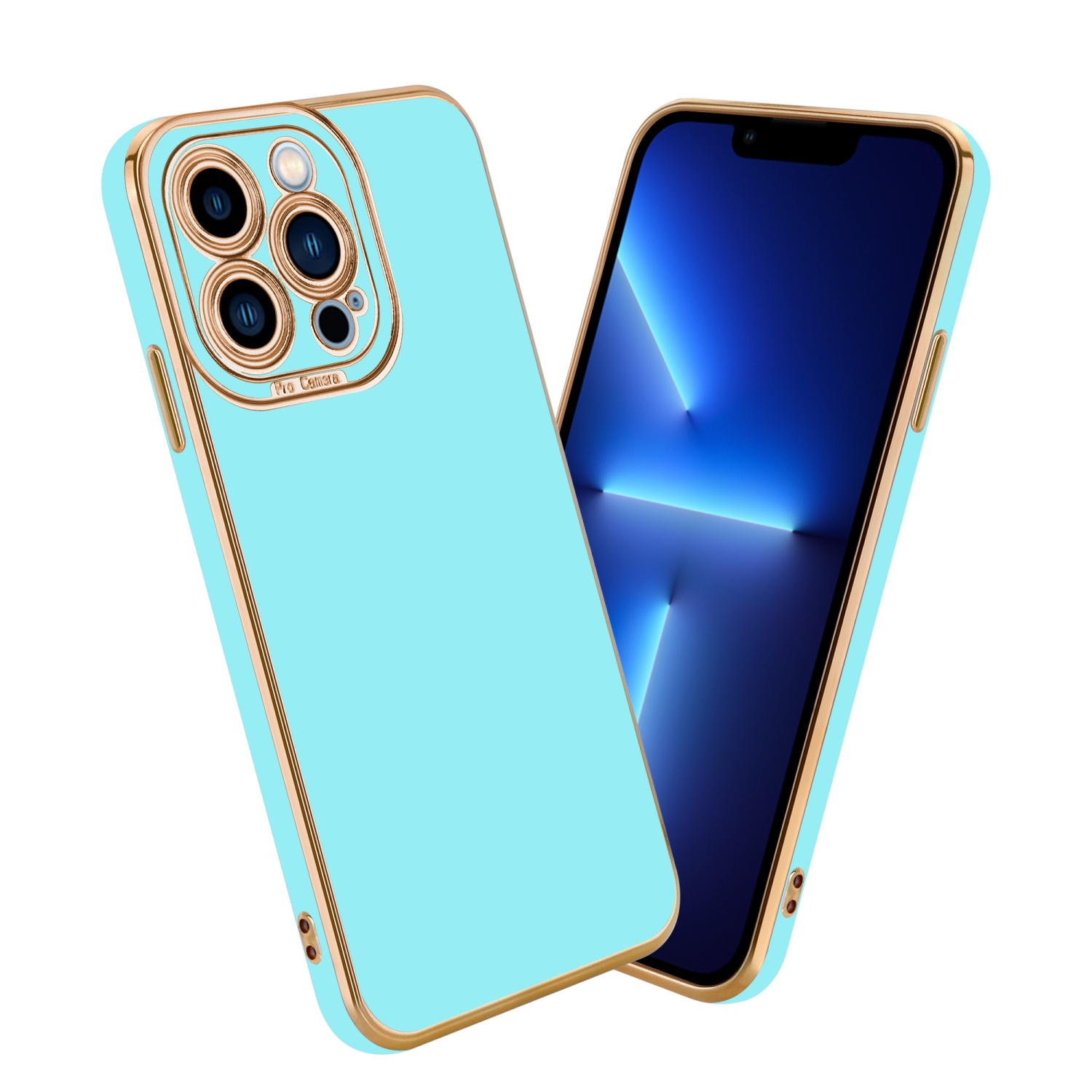 Zwei blaue Handyhüllen. Eine schlicht, goldumrandet. Die andere hat einen Telefonbildschirm, Goldbesatz.