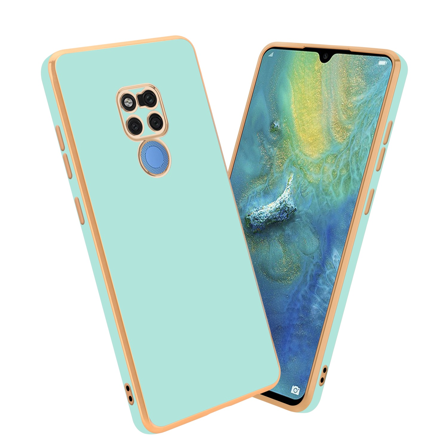 Zwei Handyhüllen: Mint mit goldenem Rand und ein Handy-Bildschirm. Weißer Hintergrund.