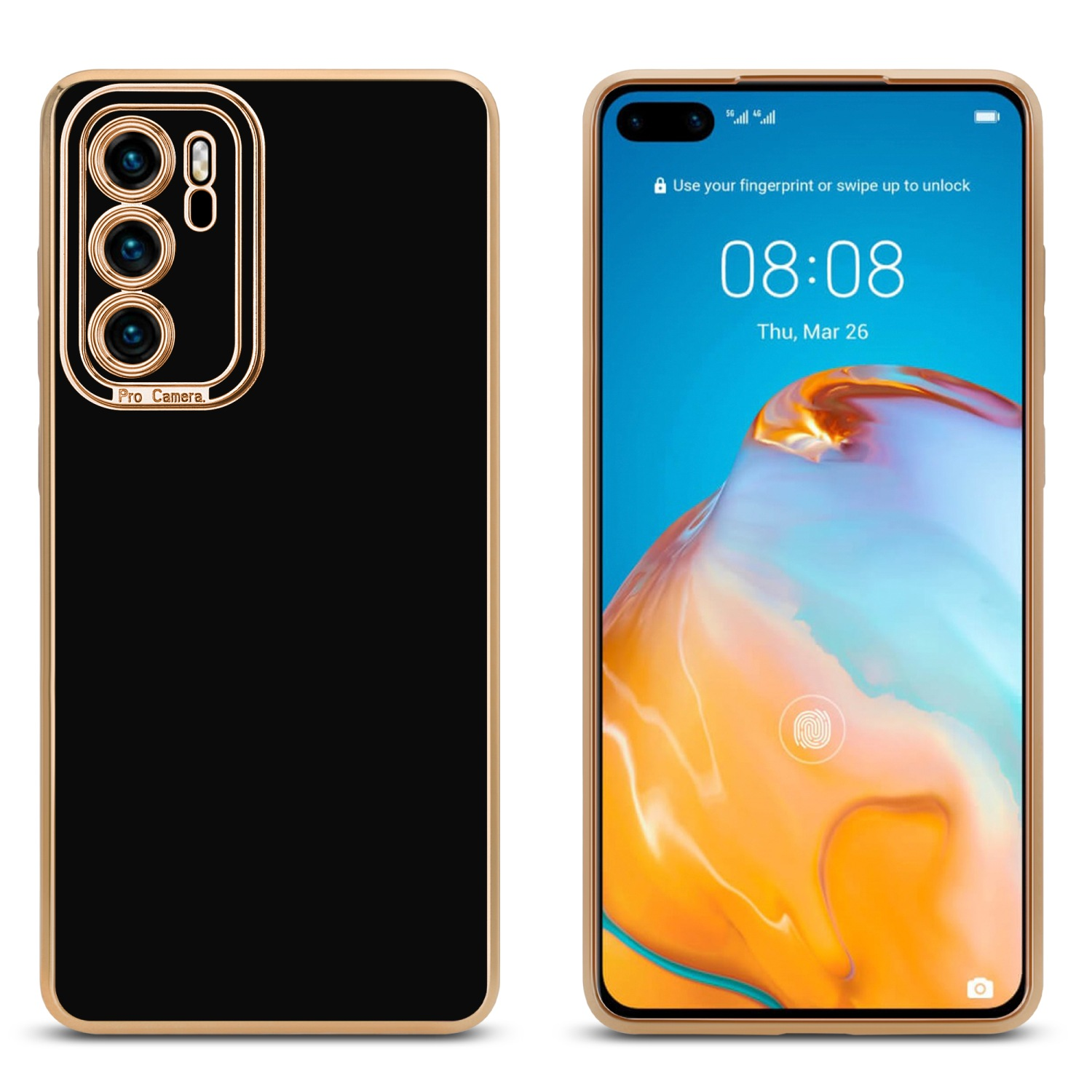 Eine schwarz-goldene Handyhülle mit Telefon darin, die den Telefonbildschirm zeigt.