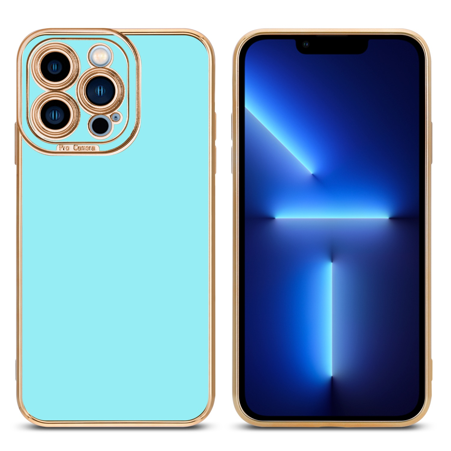 Blaue und goldene Handyhülle mit Telefon. Weißer Hintergrund.