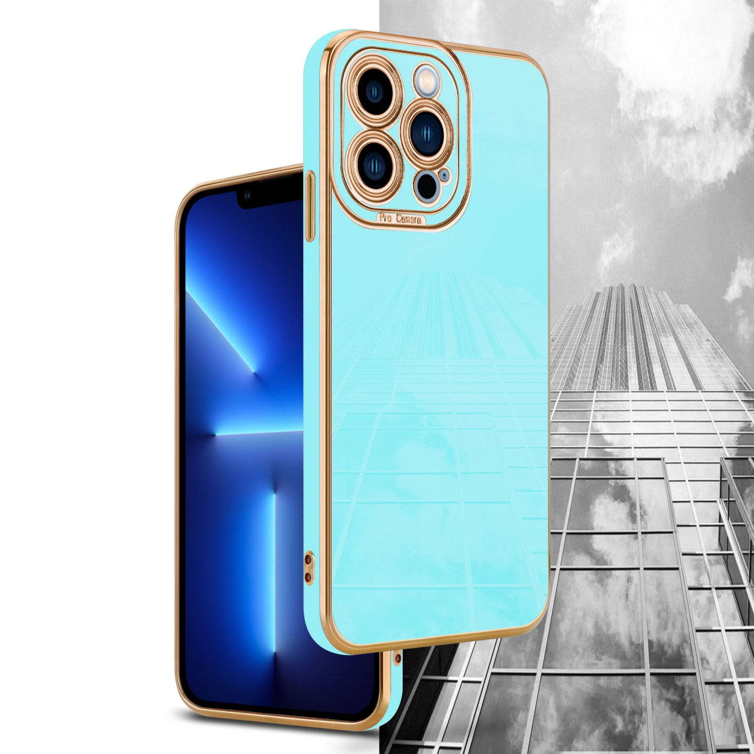 Blaue Handyhülle und Telefon. Wolkenkratzer in Schwarzweiß im Hintergrund.