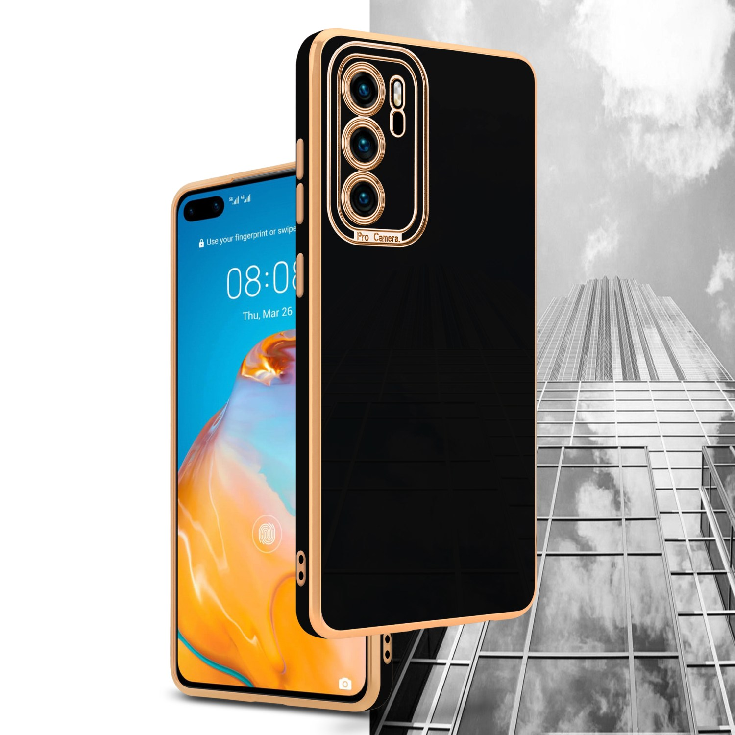 Schwarze Handyhülle mit goldenem Rand neben einem Telefon mit blauem Bildschirm. Gebäude im Hintergrund.