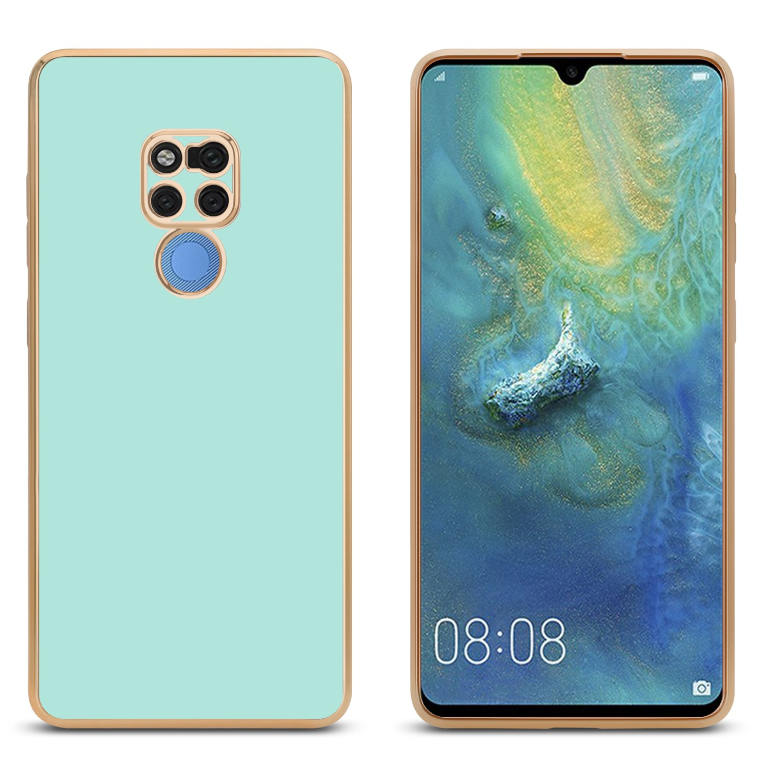 Zwei Telefone, eines mit tealfarbener Hülle und eines mit blauem Bildschirm, Zeit 08:08.