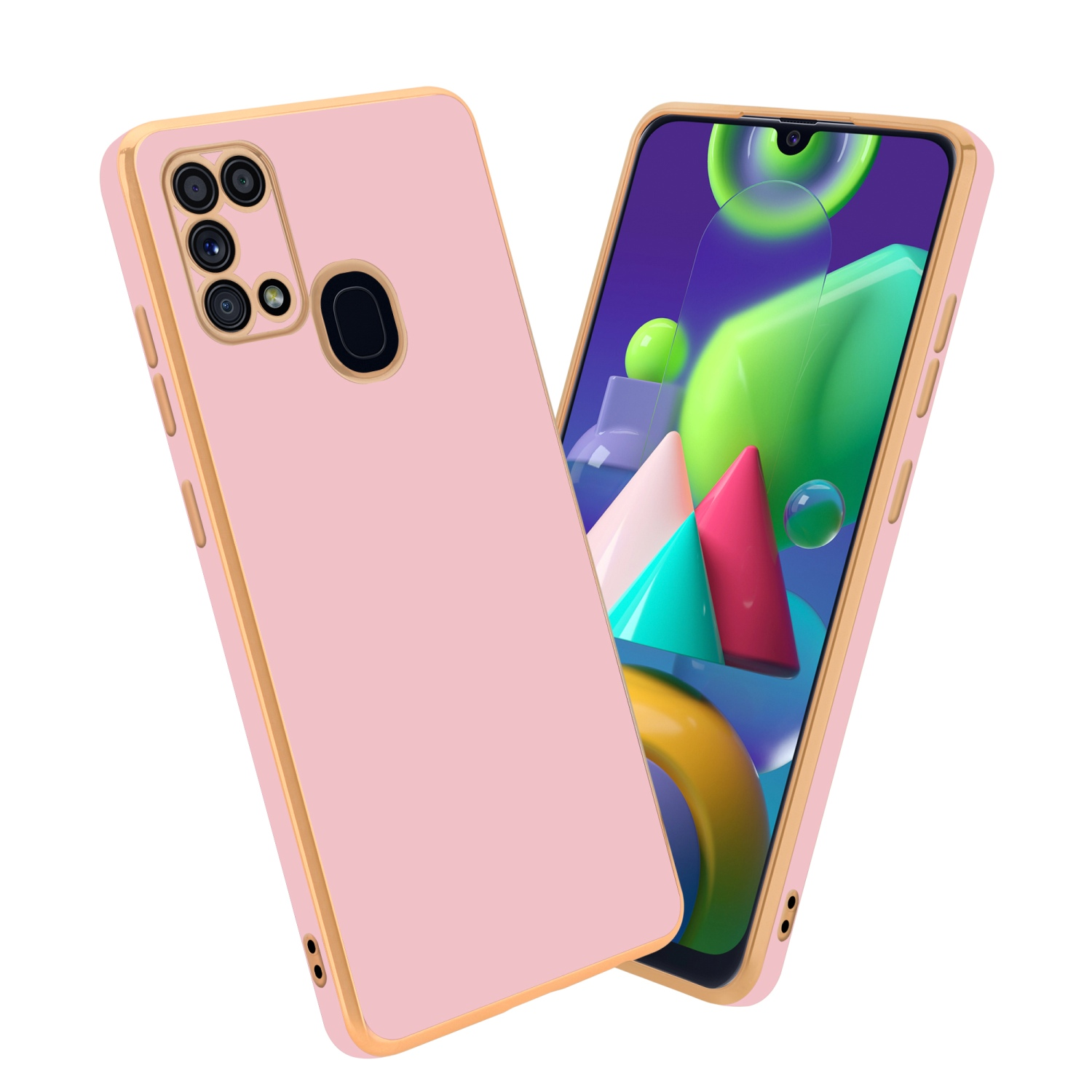 Rosa Handyhülle mit Goldkanten. Telefonbildschirm sichtbar. Weißer Hintergrund.