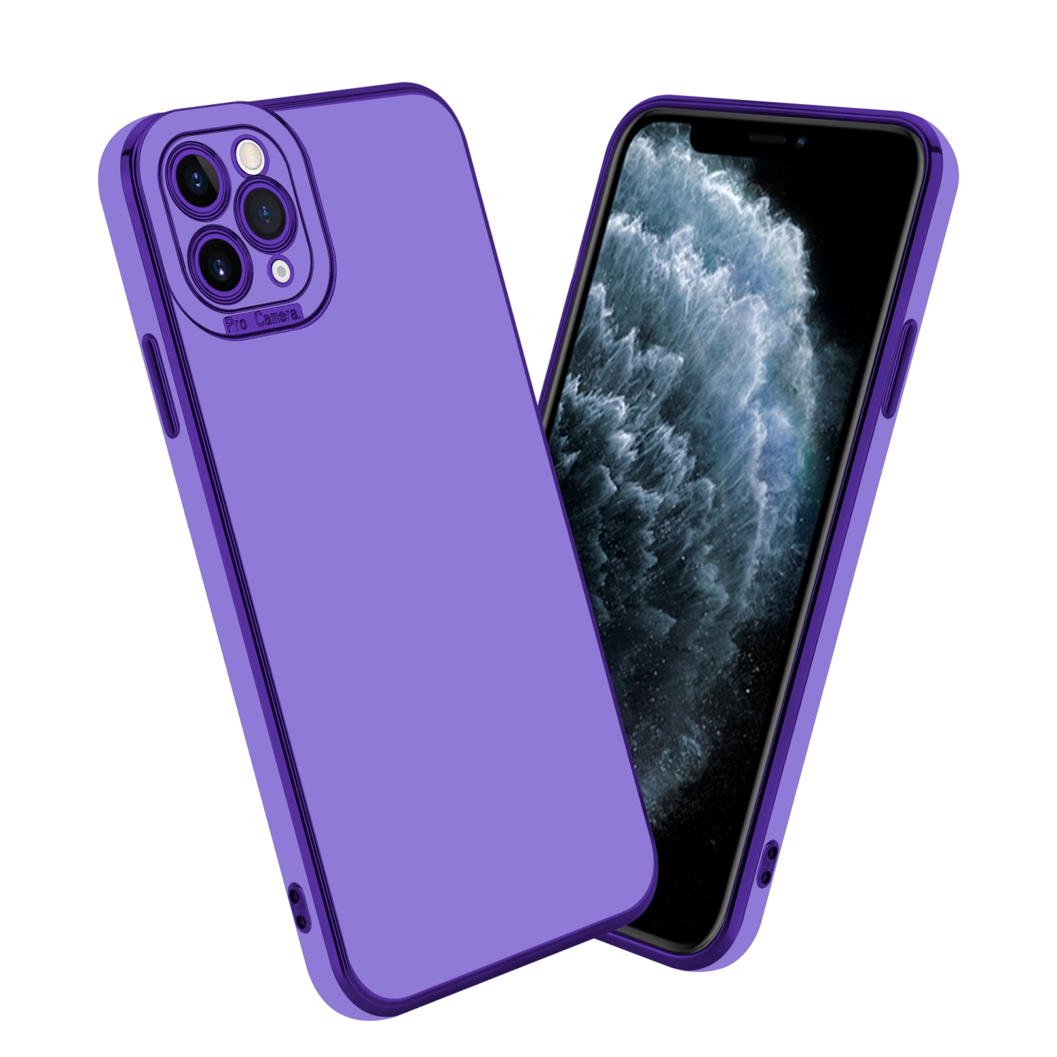 Lila Handyhülle und ein Handy auf weißem Hintergrund.