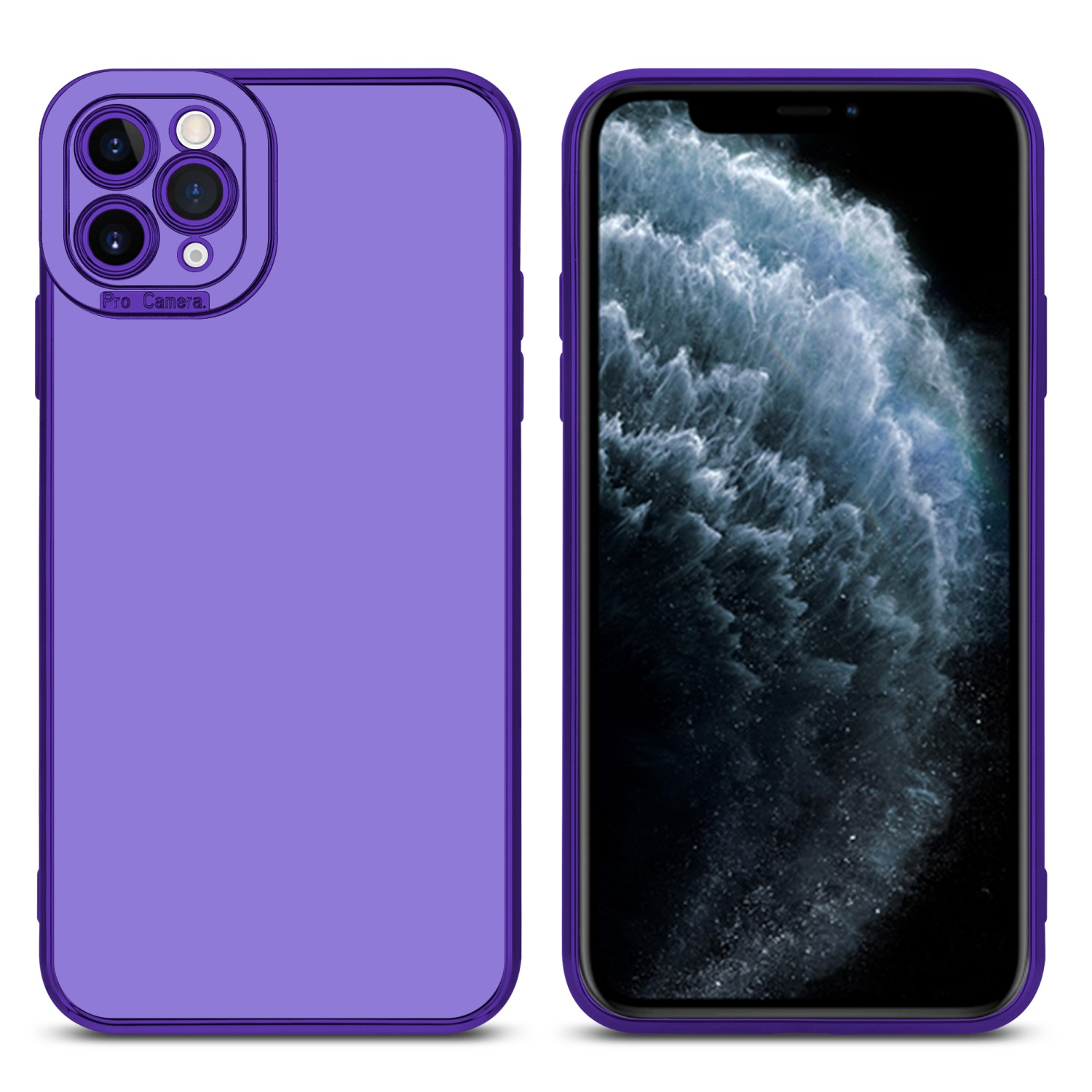 Lila Handyhülle links, Telefonbildschirm rechts. Schwarzer Hintergrund.