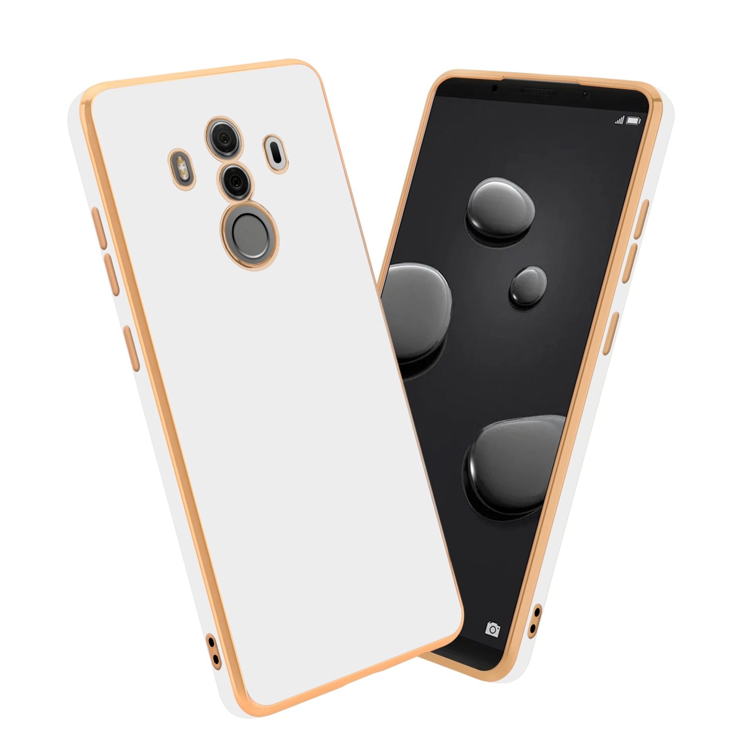 Zwei weiße und goldene Handyhüllen. Eine Hülle ist auf dem Telefon, die andere ist zum Betrachter geneigt.