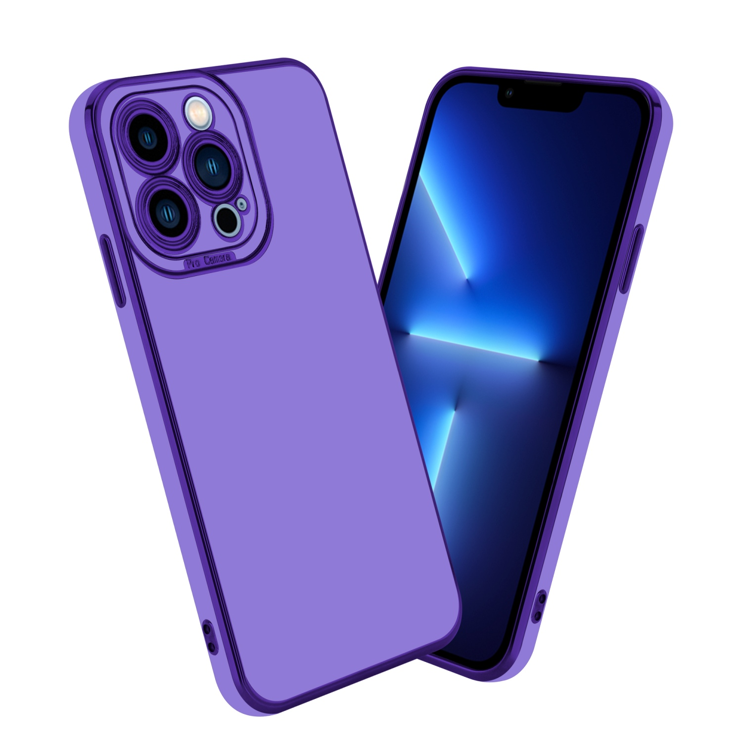 Lila Handyhülle mit Kameraerhöhung. Das Telefon rechts zeigt ein blaues Bild.
