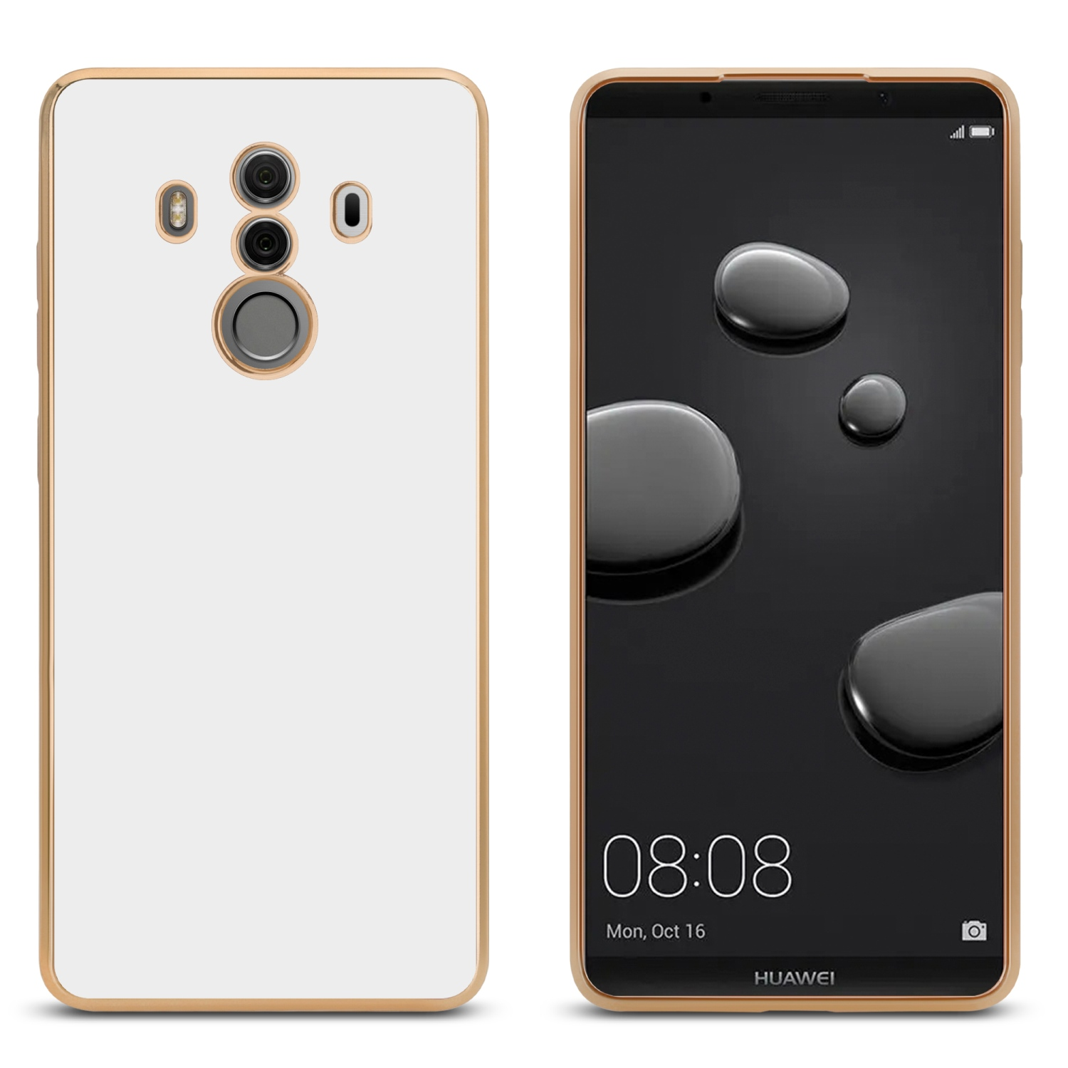 Weiße Handyhülle mit goldenem Rahmen neben einem Telefon mit einem Bildschirm mit schwarzem Hintergrund.