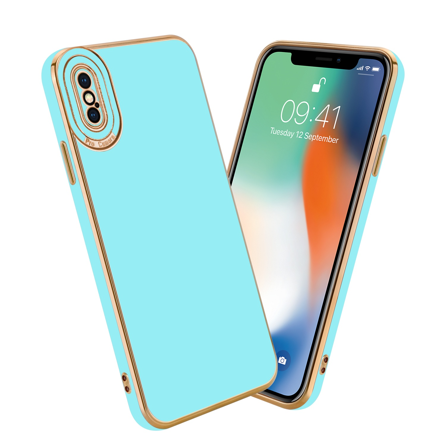 Blaue Handyhülle mit Goldrand. Das Telefon rechts zeigt Uhrzeit und Datum.