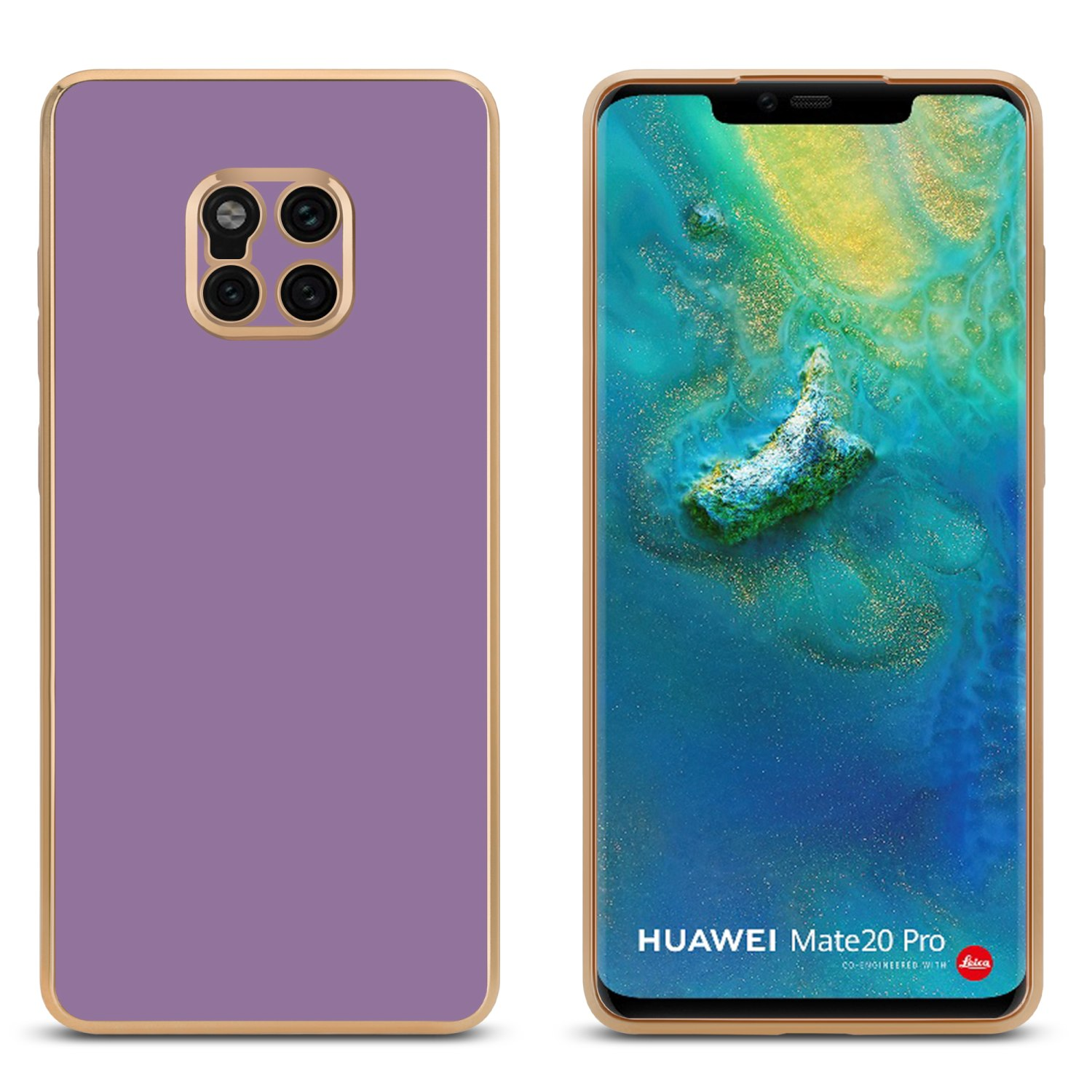 Handyhülle mit Telefon. Es hat eine lila Rückseite und einen Goldrand. Ein Telefon ist rechts.
