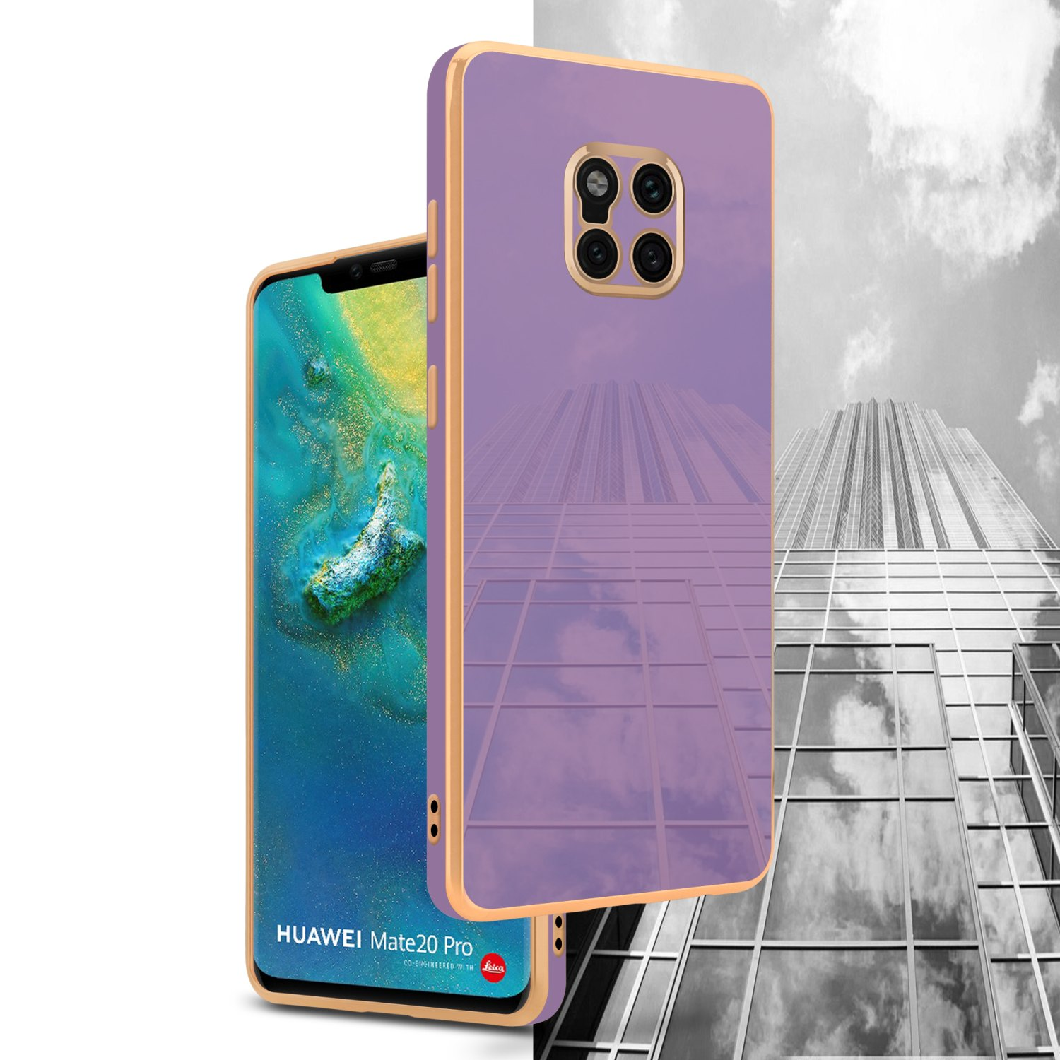 Lila Handyhülle mit Goldrahmen und Telefon. Der Hintergrund zeigt eine Gebäudereflektion.