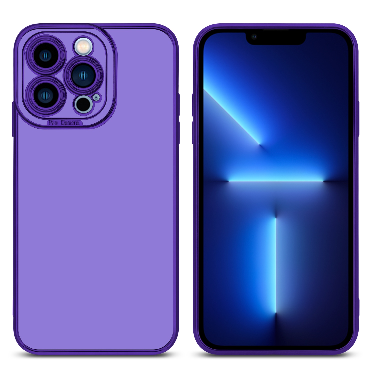 Eine lila Handyhülle und ein Telefon mit blauem Bildschirm, nebeneinander, mit weißem Hintergrund.