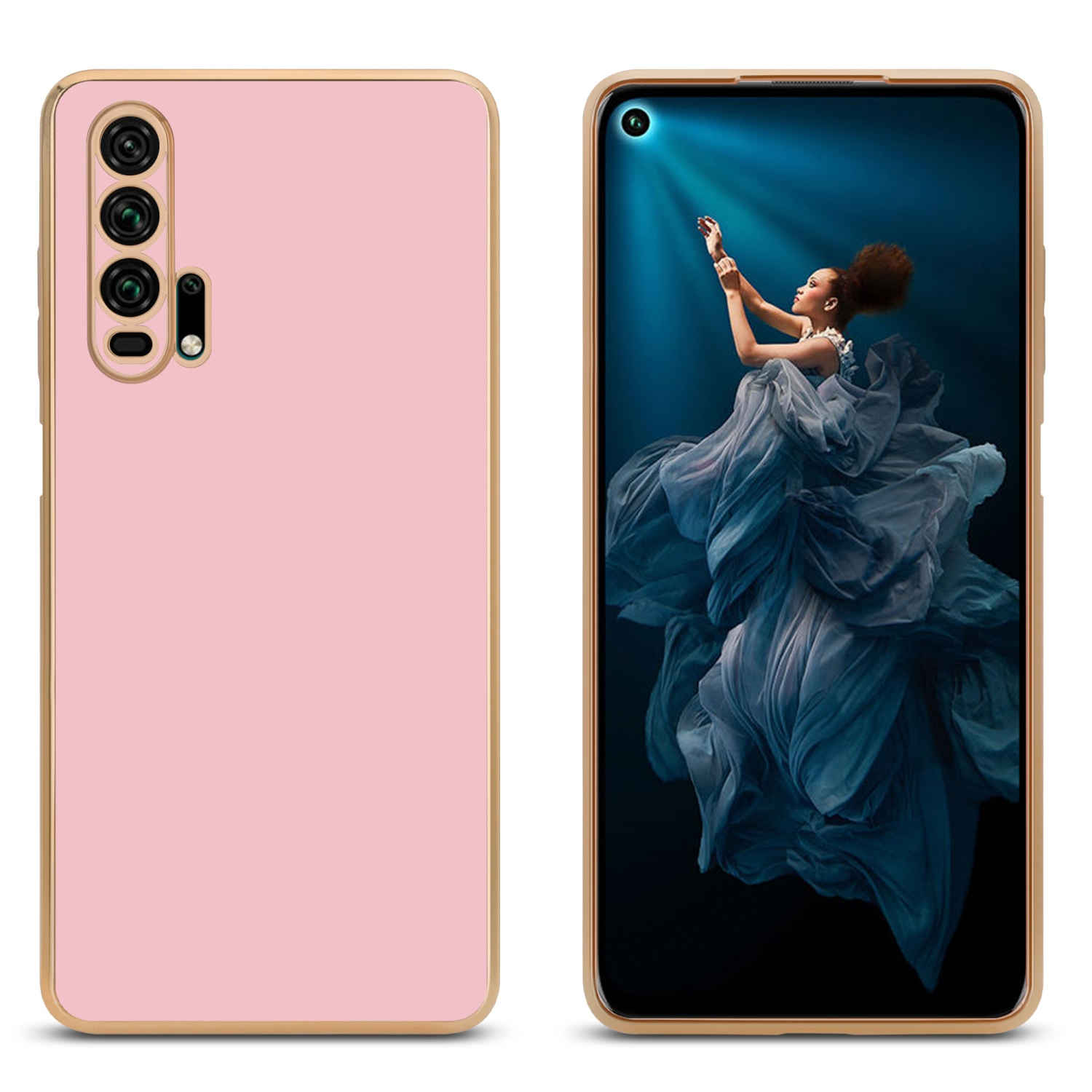 Ein pinkfarbenes Telefon mit goldenem Rahmen neben einer Frau in fließendem Kleid. Der Bildschirm leuchtet.