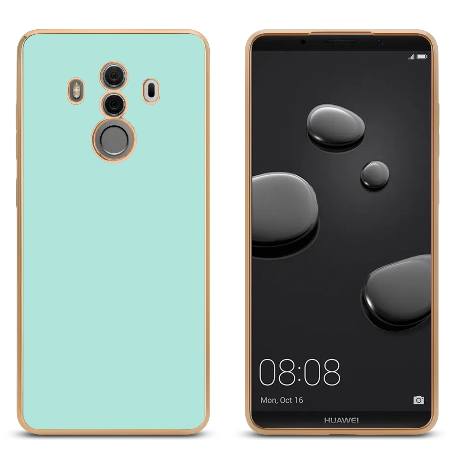 Türkisfarbene Handyhülle und Telefon mit Goldrand. Der Telefonbildschirm ist schwarz.