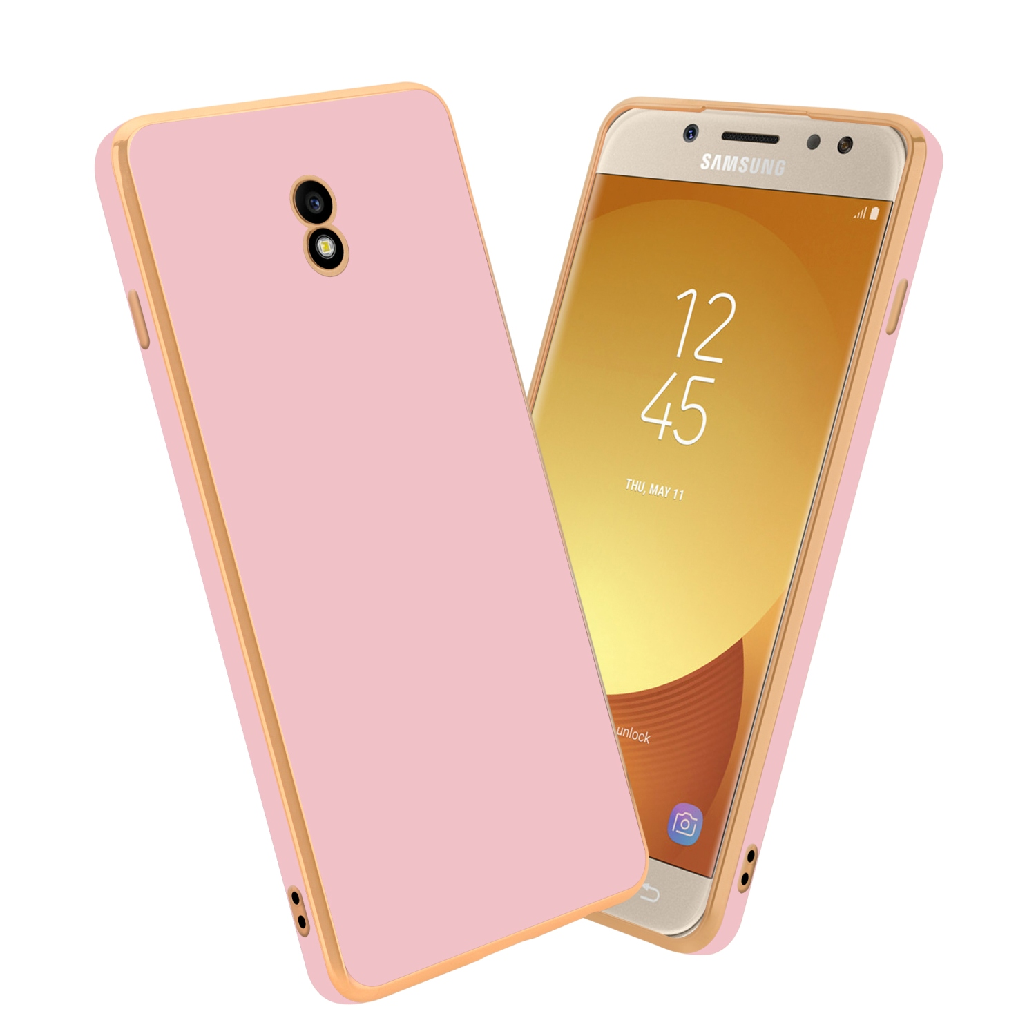 Rosa Handyhüllen mit goldfarbenem Rand. Eine Hülle ist auf einem Telefon, die andere ist separat. Weißer Hintergrund.