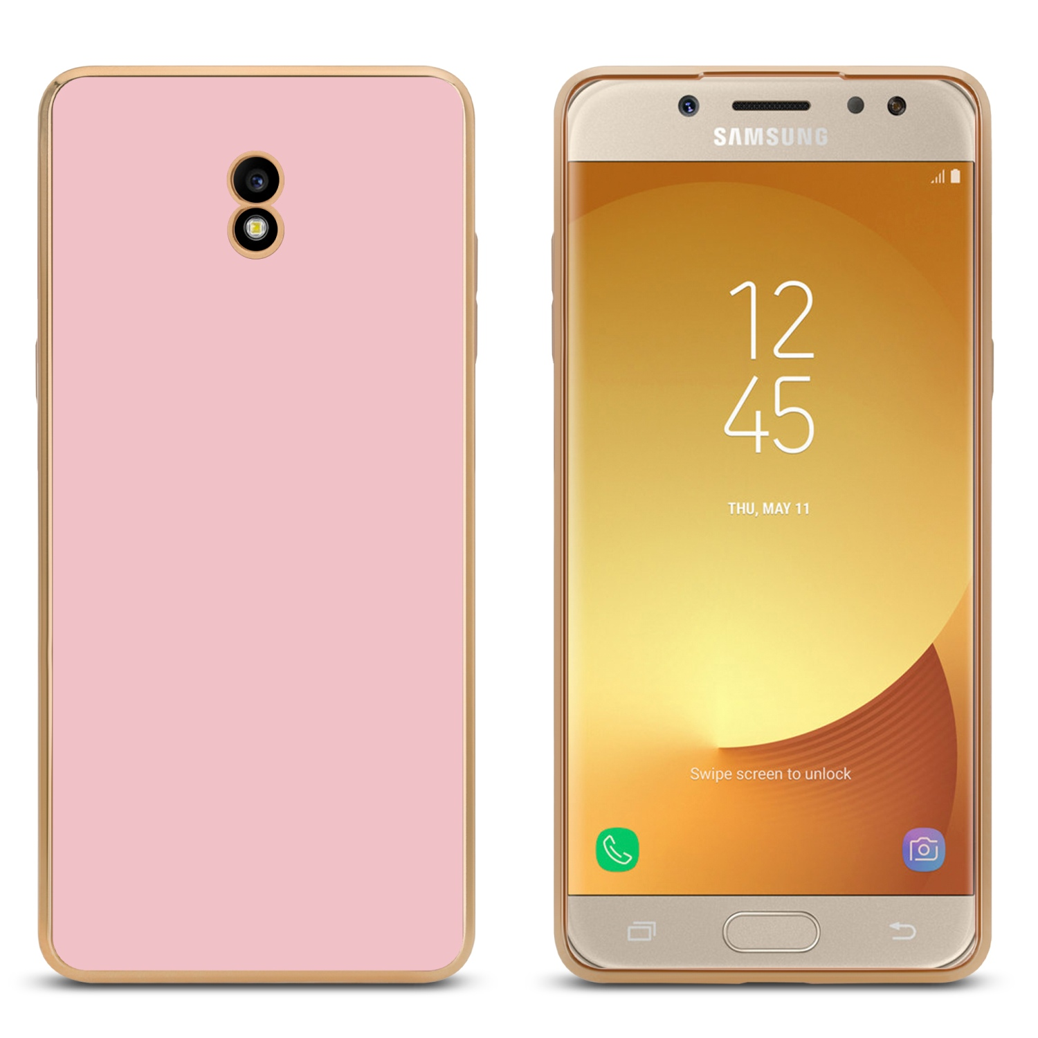 Telefon und Hülle mit rosa Rückseite und goldenem Rahmen. Weißer Hintergrund.