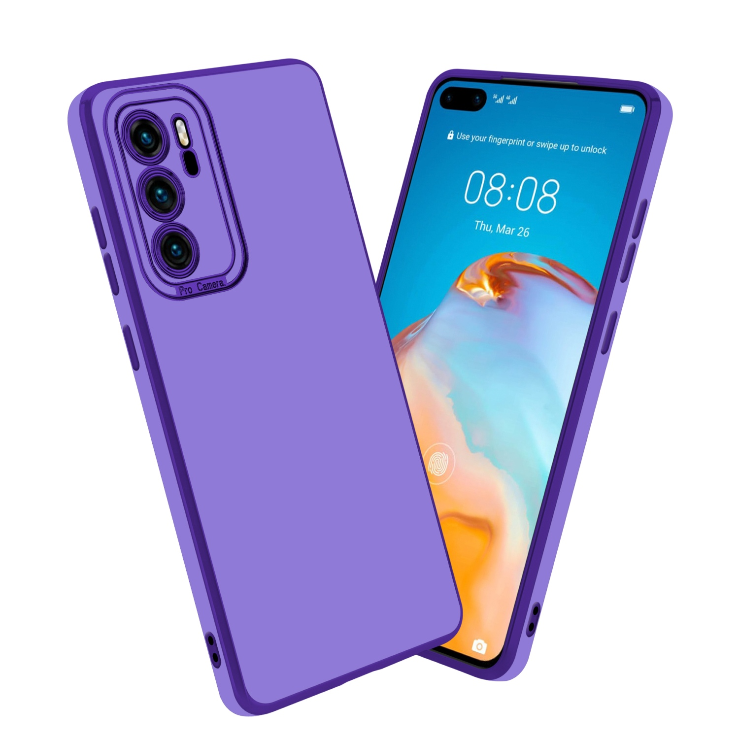 Zwei lila Handyhüllen. Eine bedeckt das Telefon, die andere zeigt den Telefonbildschirm mit der Uhrzeit.