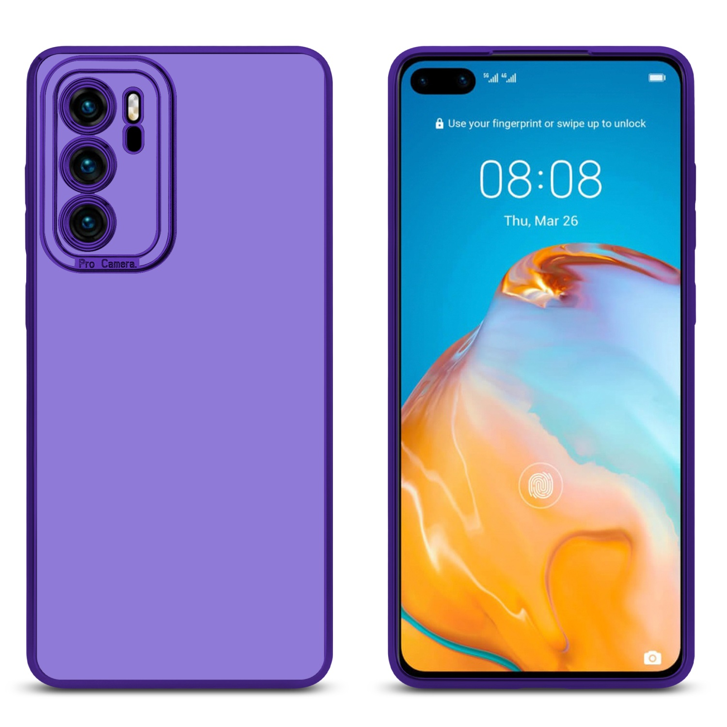 Lila Handyhülle und Telefon. Das Telefon zeigt den Sperrbildschirm mit Uhrzeit und Datum.