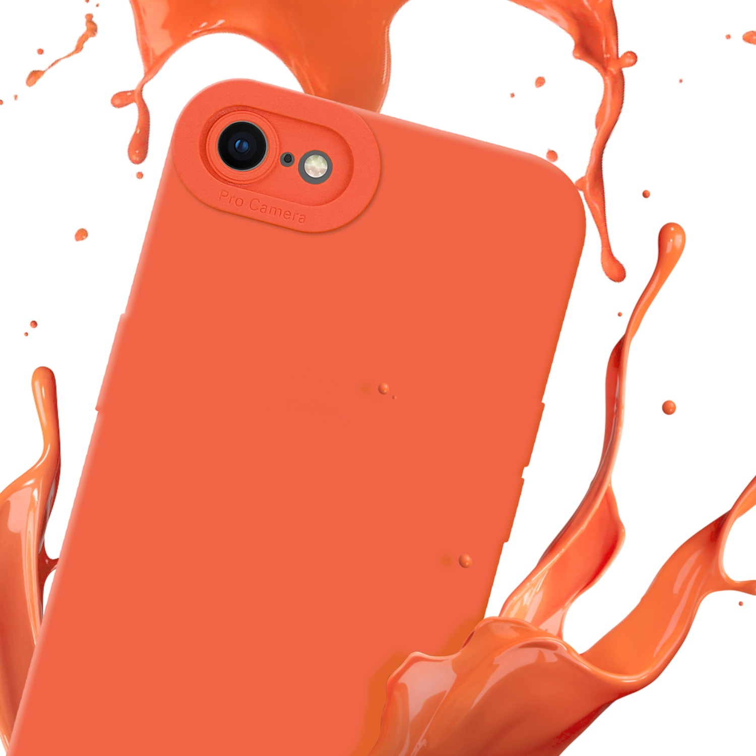 Custodia per telefono arancione con spruzzo arancione su sfondo bianco.