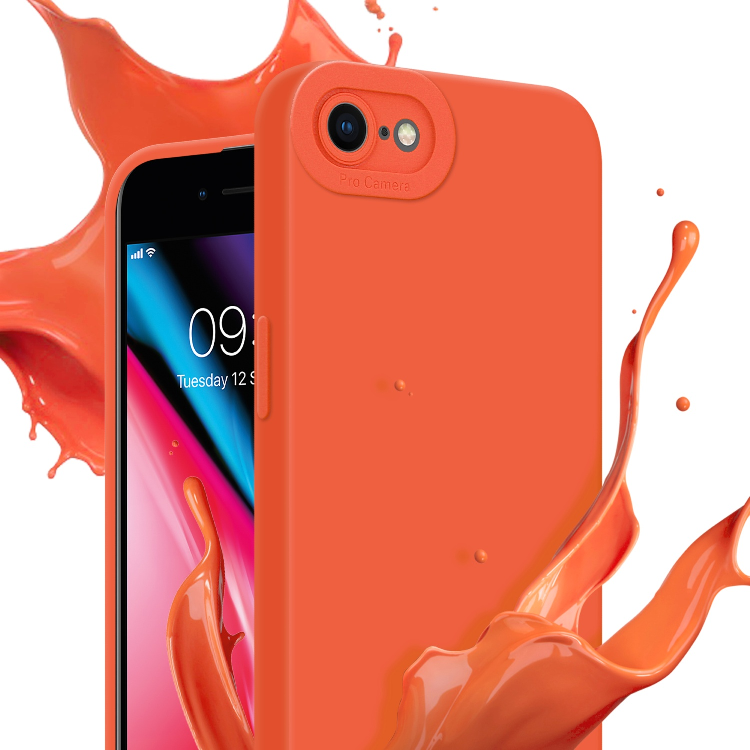 Custodia arancione per telefono con un telefono. Spruzzo di vernice arancione sullo sfondo. Il telefono mostra uno schermo.