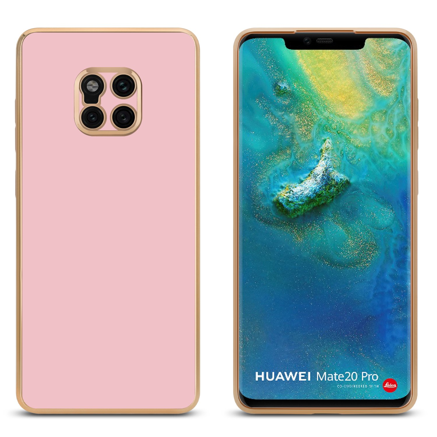 Rosa Handyhülle mit goldenen Kanten. Telefonbildschirm sichtbar. Weißer Hintergrund.
