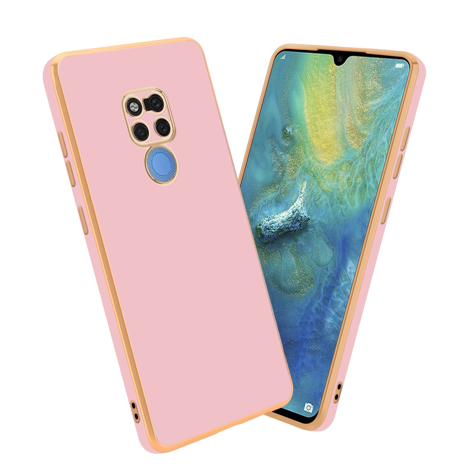 Rosa Handyhülle mit goldenem Rand. Dargestellt neben einem Telefon mit pinkfarbenem Bildschirm mit Symbolen.