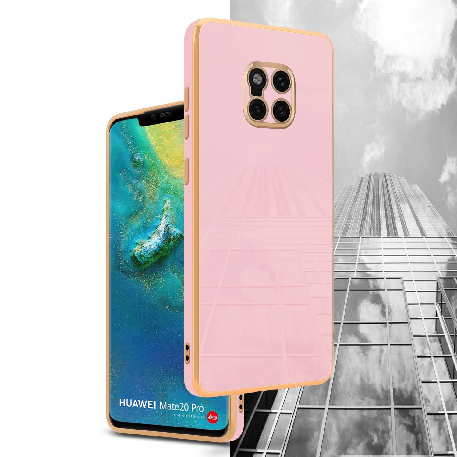Rosa Handyhülle und Telefon mit Huawei Mate 20 Pro Marke, mit bewölktem Hintergrund und Gebäude.