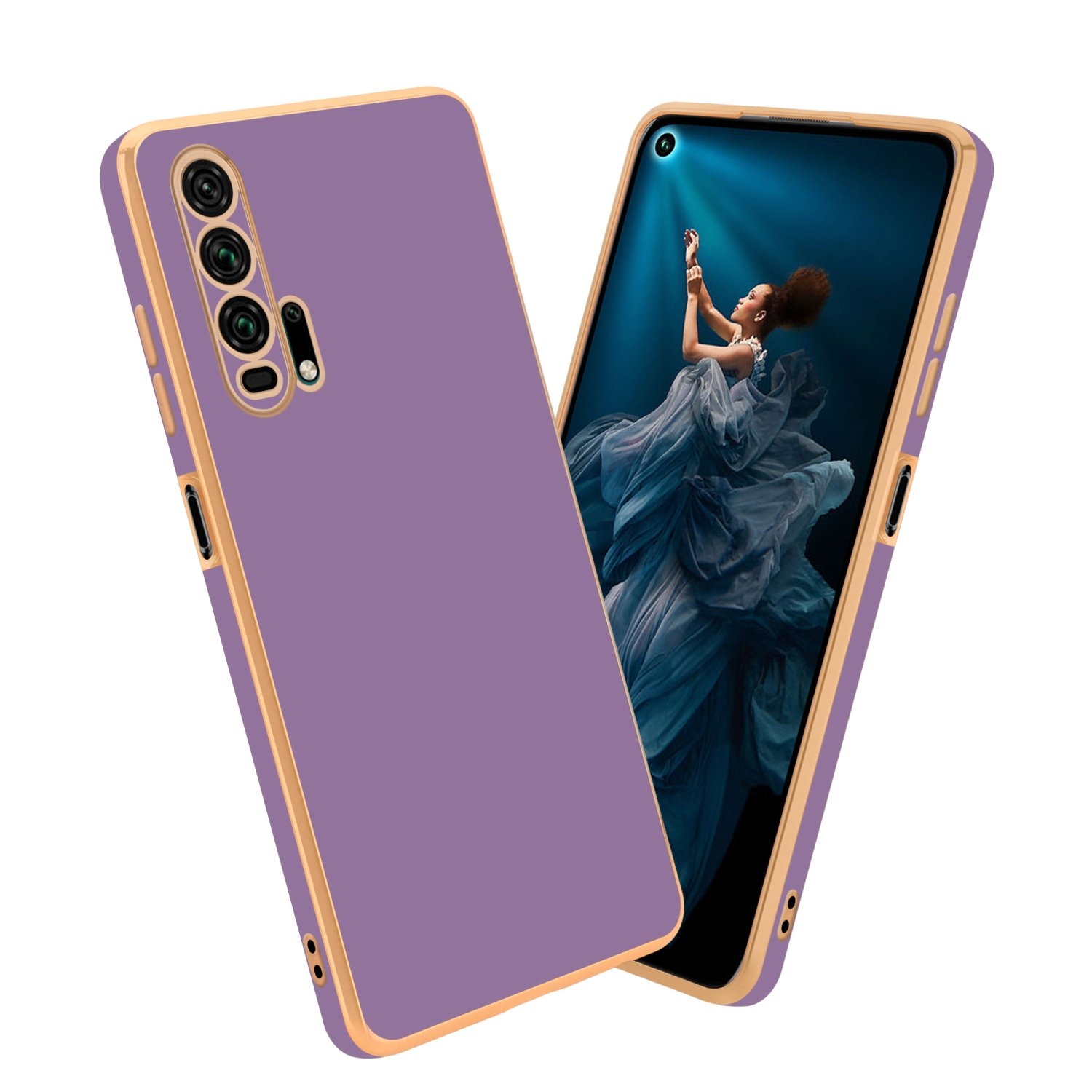 Lila Telefon mit goldener Hülle. Der Bildschirm zeigt eine Frau.