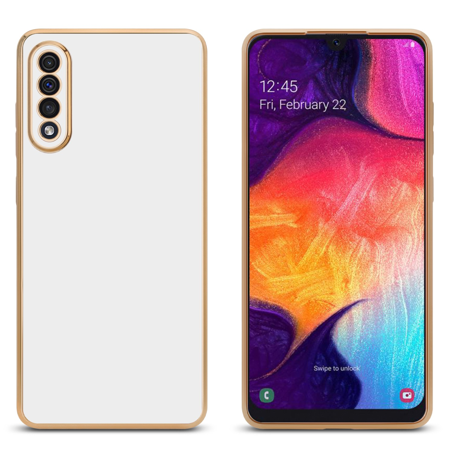 Zwei Telefone. Eines zeigt weiße Rückseite mit Goldkanten, das andere einen bunten Bildschirm.
