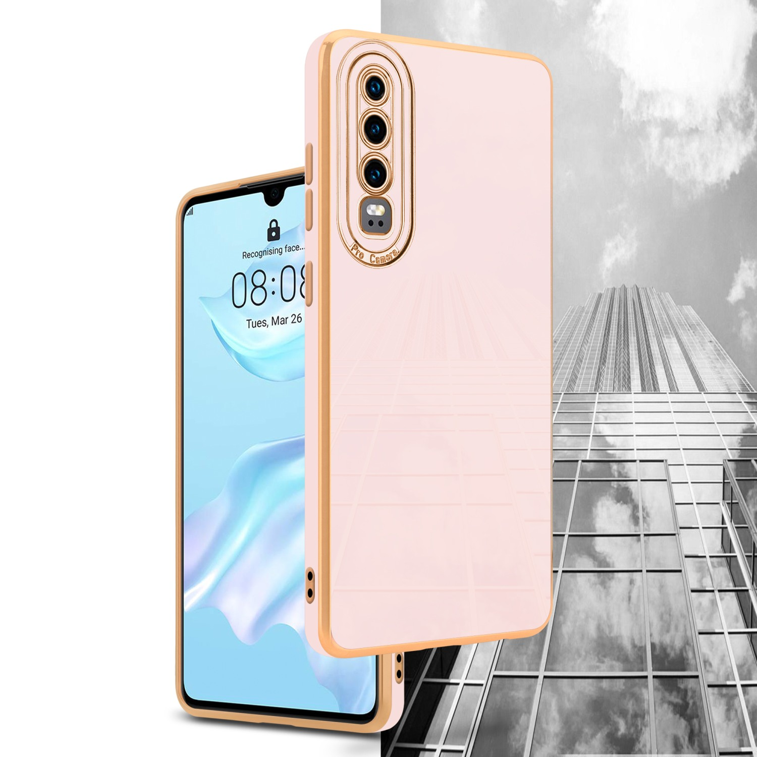 Ein Telefon mit pinker Hülle und Hintergrund mit Skyline und grauem Himmel.
