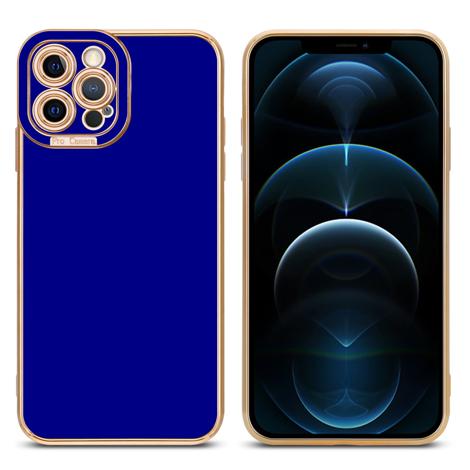 Blaue Handyhülle mit goldenem Rand, neben einem Handy mit blau-weißem Bildschirm.