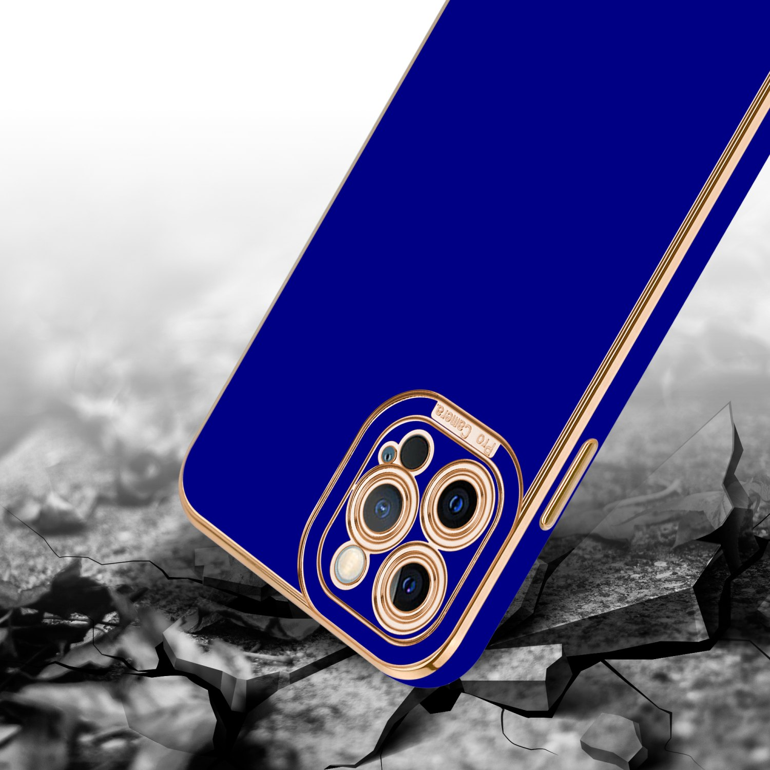 Blaue Handyhülle mit Kamera, Rissbodeneffekt.