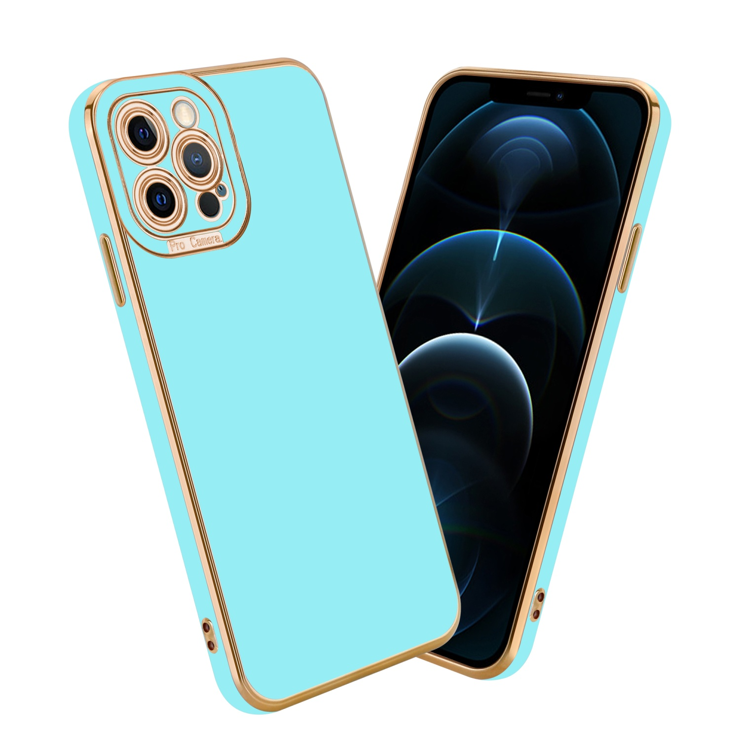 Blaue Handyhülle mit goldenem Rand und ein Telefon mit blauem Bildschirm.