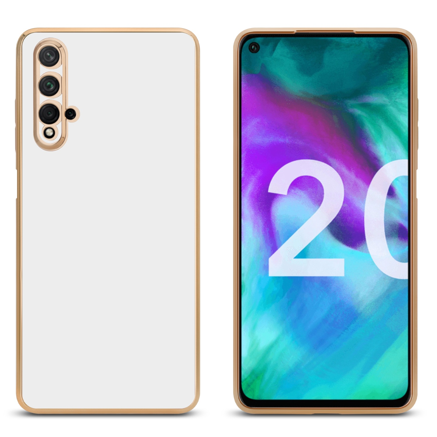Handyhülle mit goldenem Rahmen, Telefon zeigt die Nummer 20 an. Text: 20