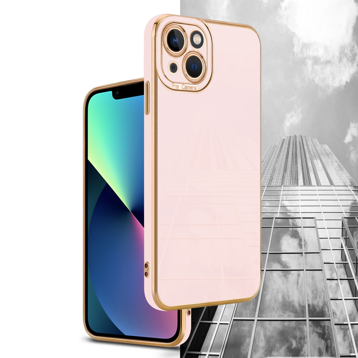 iPhone Apple, CADORABO Kameraschutz, Rosé Backcover, Gold 12, Rosa mit Schutzhülle - Glossy
