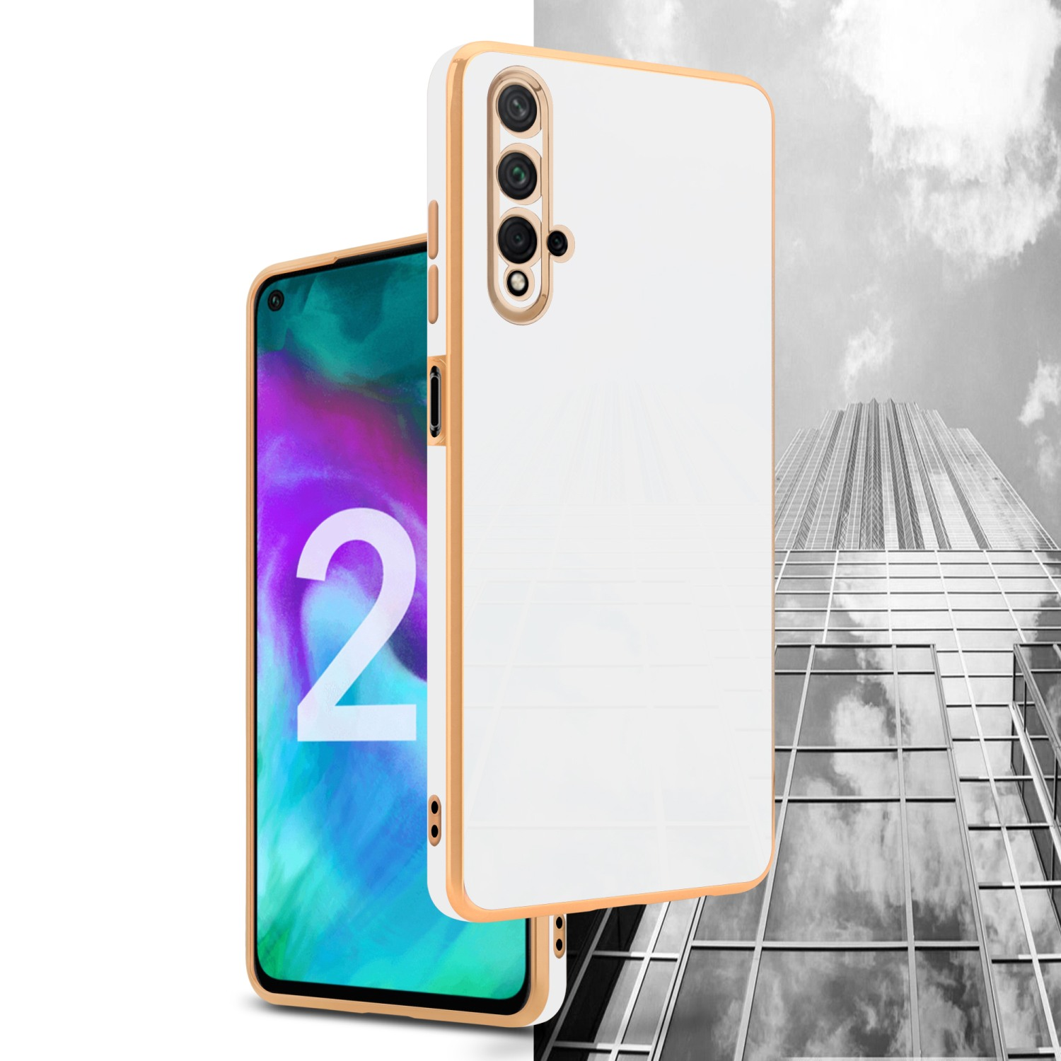 Zwei Smartphones, weiße Hülle mit goldenem Rahmen und ein Telefonbildschirm mit Gebäude.