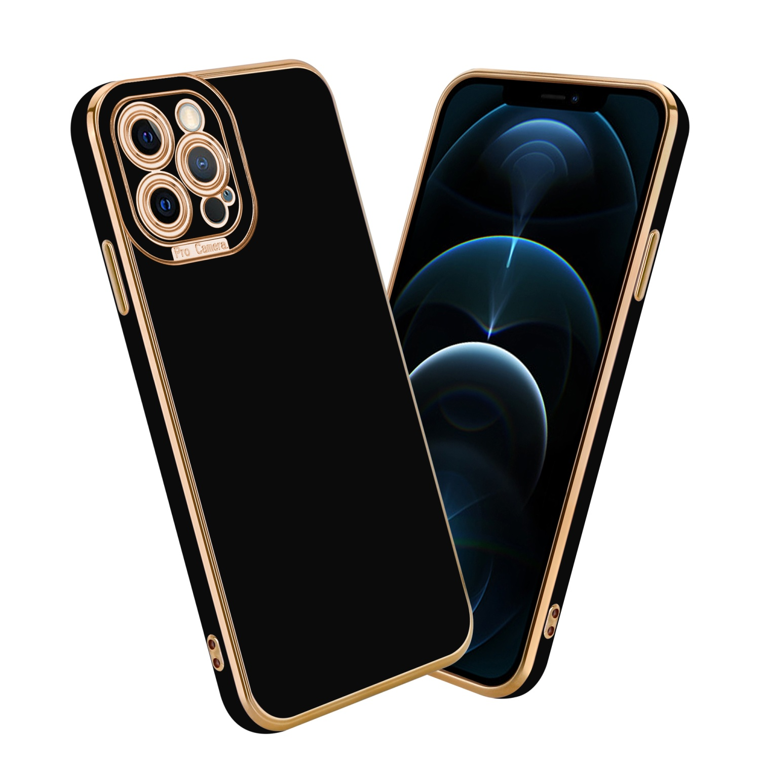 Schwarze Handyhülle mit goldfarbenem Rand, drei Kameralinsen. Sichtbarer Telefonbildschirm mit geschwungenem Design.