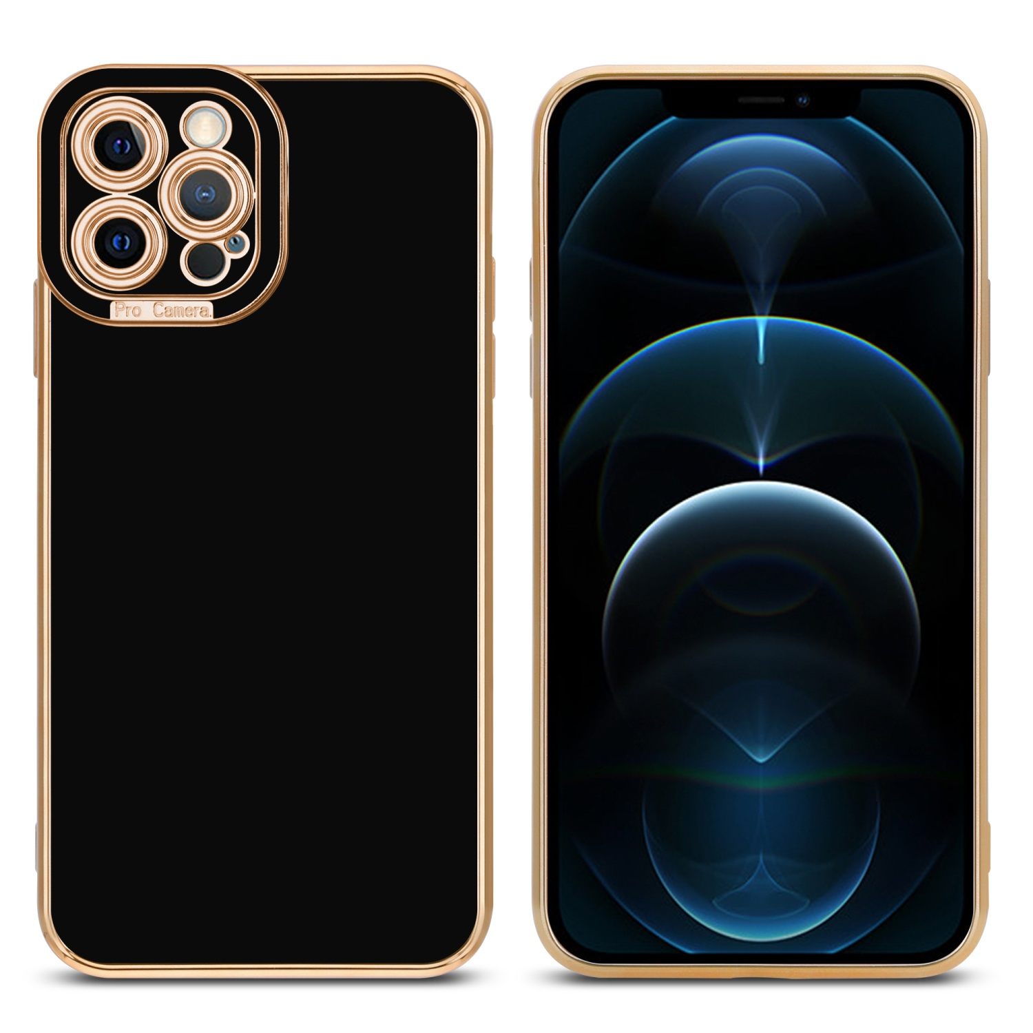 Schwarze Handyhülle mit goldenem Rand, Telefon rechts. Pro Camera-Text auf der Rückseite sichtbar.