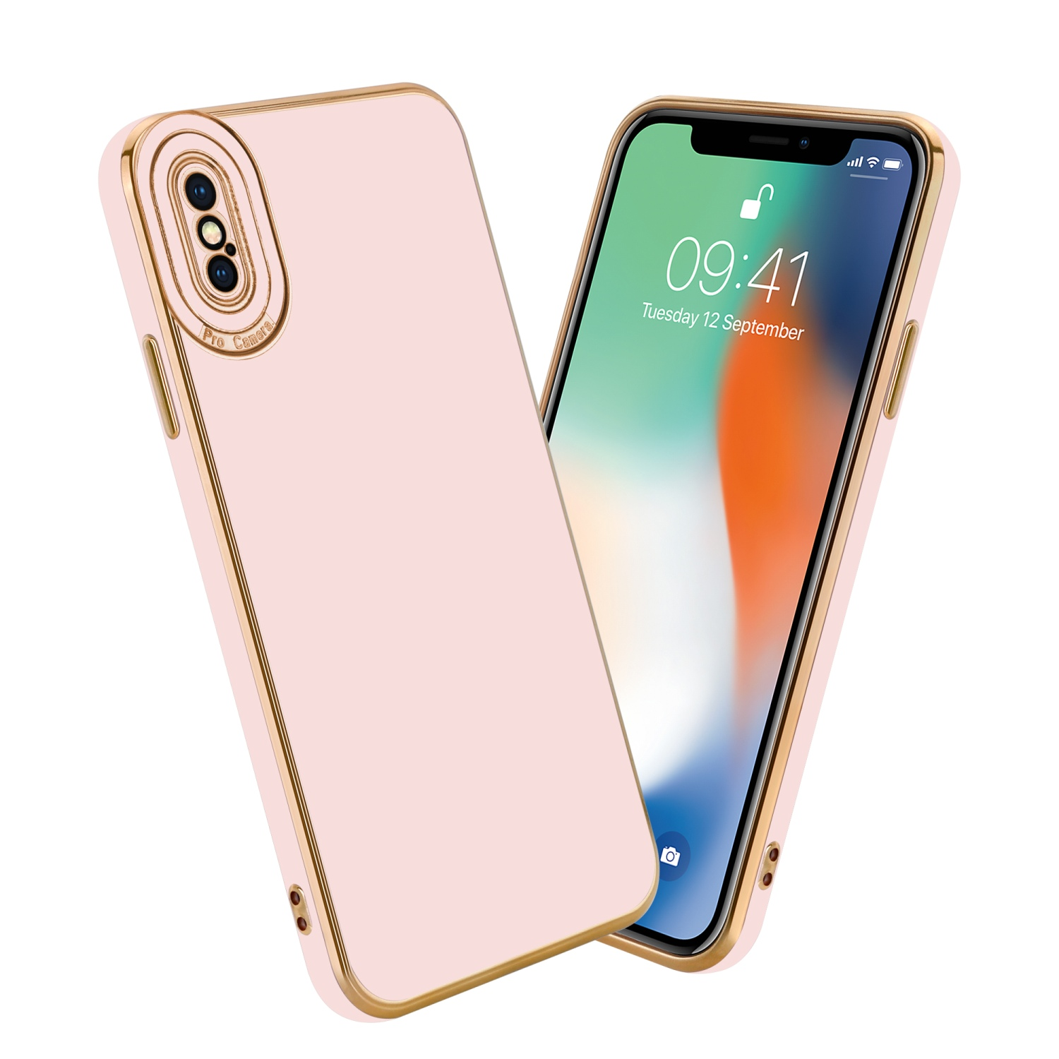Rosa Handyhülle und Telefon mit goldenem Rahmen und Bildschirm.