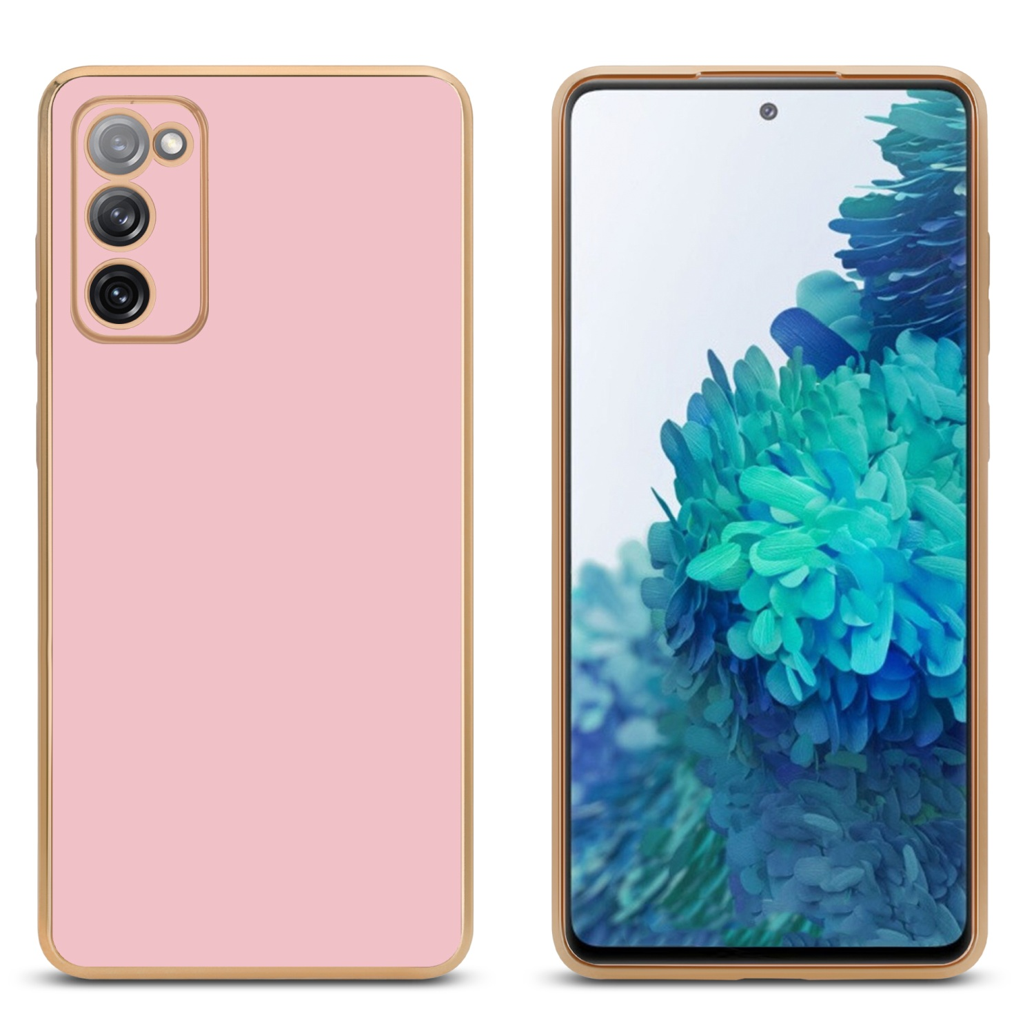 Rosa Telefon mit Goldkanten, neben Telefonbildschirm mit grünem Blumendesign.
