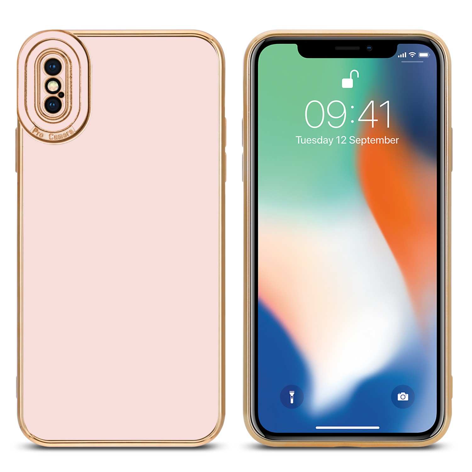 Zwei Telefone, eines zeigt die Uhrzeit, das andere eine rosa Handyhülle mit goldfarbenem Rand.