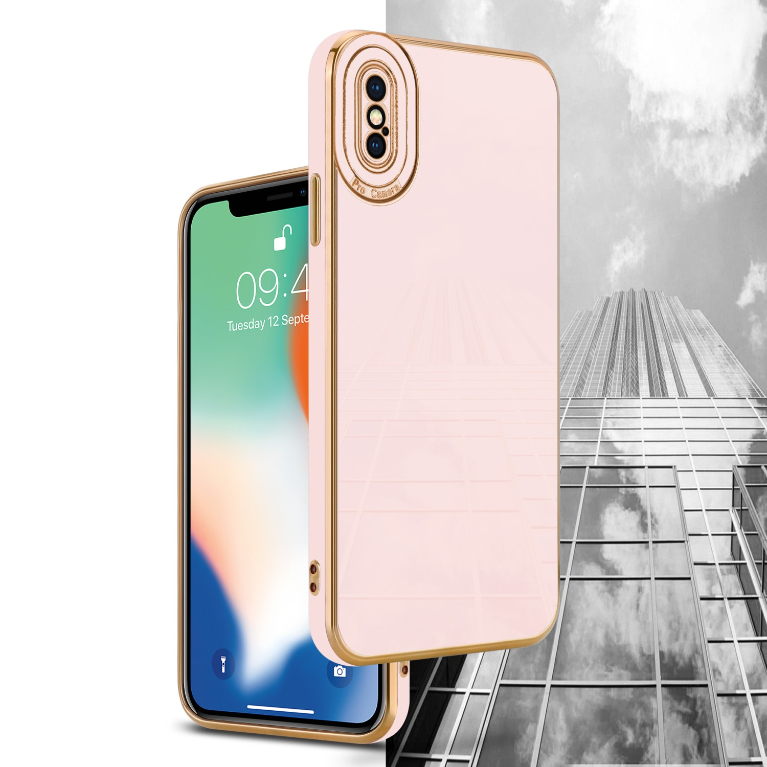 CADORABO Schutzhülle mit Kameraschutz, XS Rosa Apple, Rosé Glossy - iPhone MAX, Gold Backcover