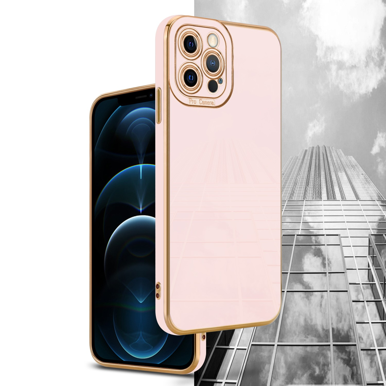 Eine pinkfarbene Handyhülle mit goldenem Rahmen neben einem Telefonbildschirm mit unscharfem Hintergrund.