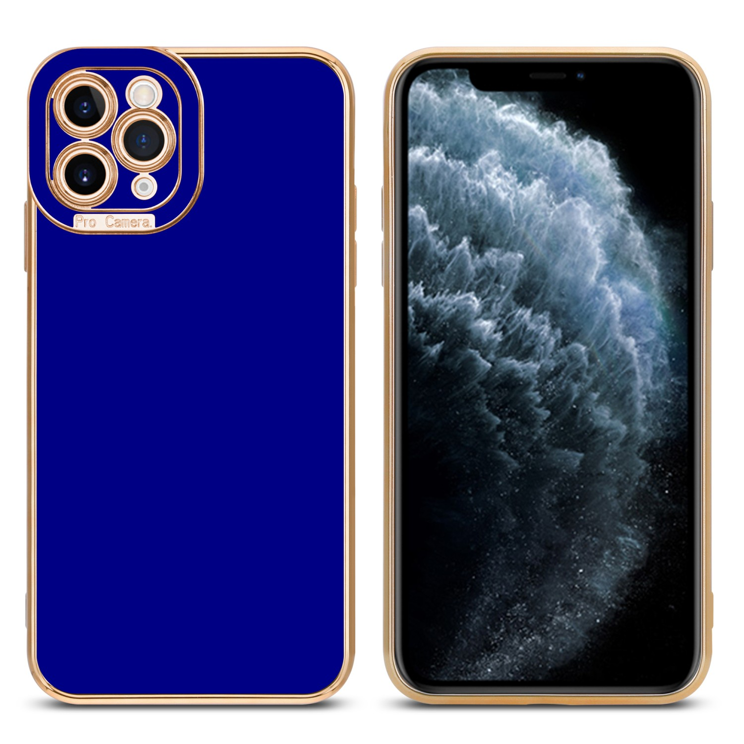Blaue Handyhülle und ein Telefon. Der Bildschirm ist schwarz. Weißer Hintergrund.
